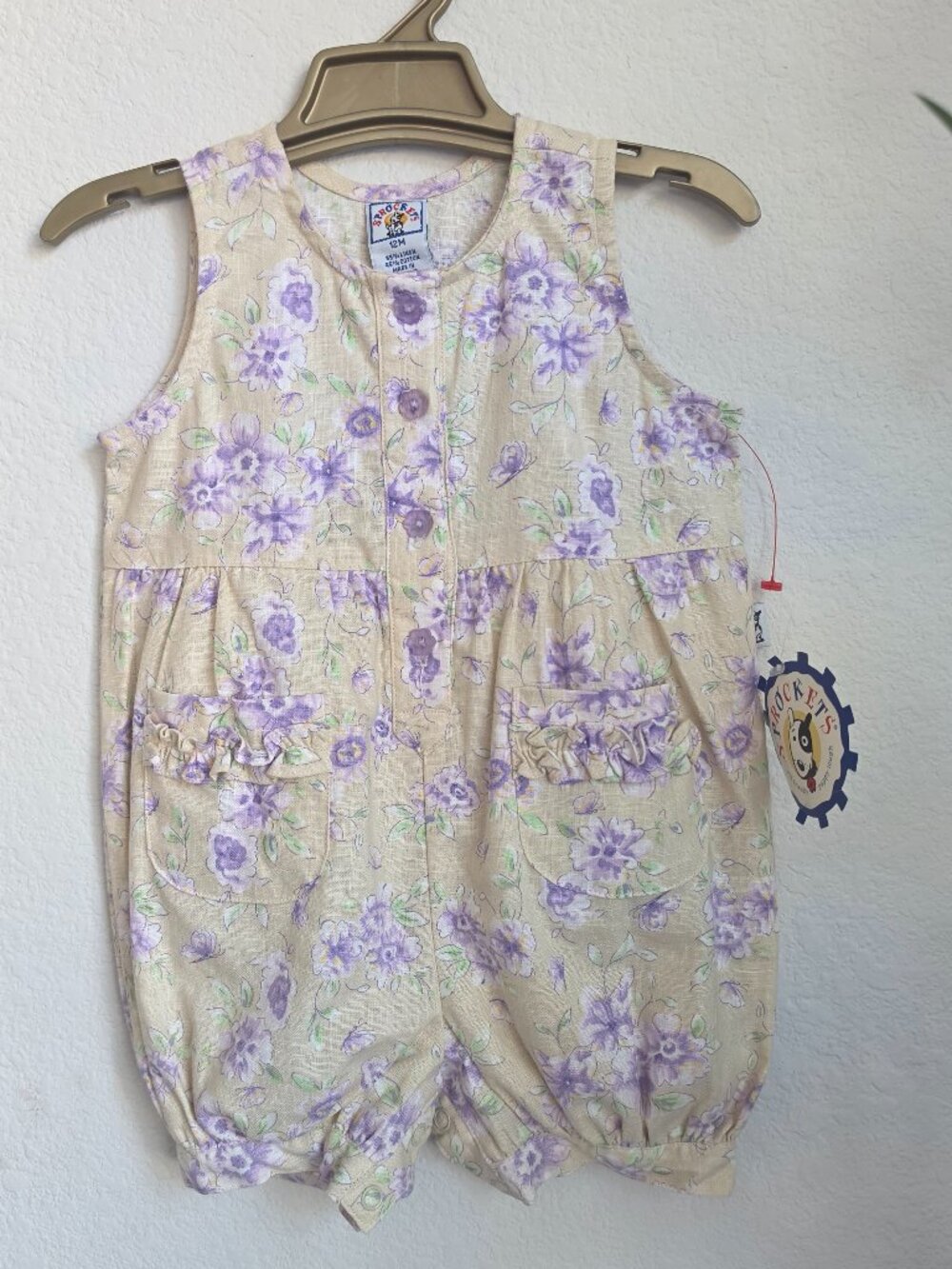 ​Vintage Sprockets 12M Baby Romper Lavender Floral, Linen Blend